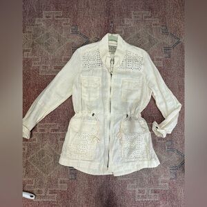 Lucky Brand eyelet full zip large cream cinch waist  jacket like new